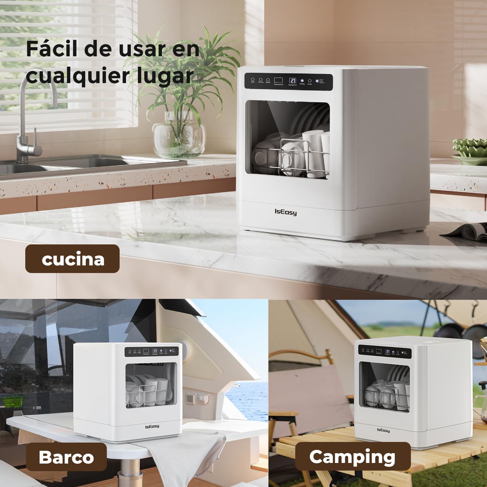 IsEasy Lavavajillas de encimera Mini lavavajillas 43CM con 5 Programas,Pantalla LED,lavado de Fruta,Dos modos de suministro de agua Ideal para cocinas domésticas, apartamentos y campings