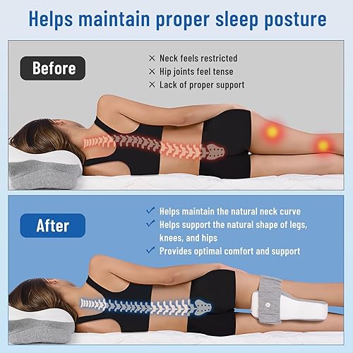 Miniatura 5 de Almohadas de espuma viscoelástica y almohada de rodilla para dormir de lado, juego de 2, almohada contorneada para apoyar el cuello y los hombros,