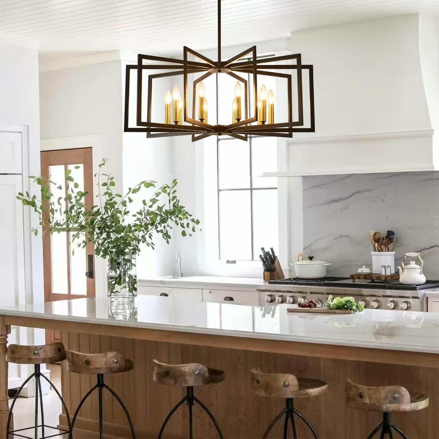 Black Chandelier for Dining Room 10-Light Dining Room Light Fixture Modern Geometric Metal Hanging Industrial Chandeliers for Entryway Kitchen Island Foyer Farmhouse Chandeliers(Black Gold)