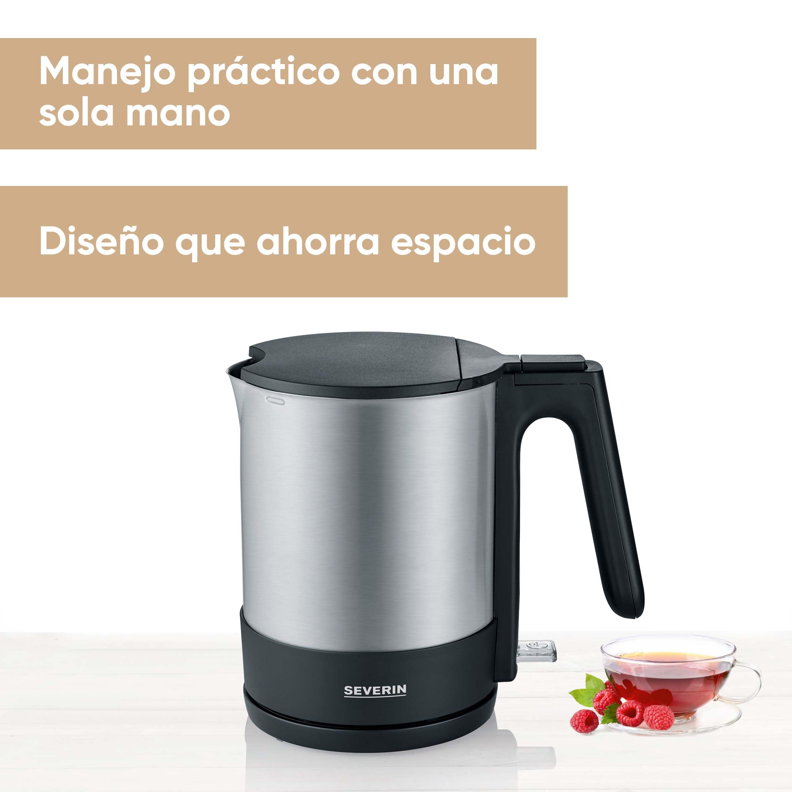 SEVERIN Hervidor de agua, hervidora eléctrica con filtro de cal, capacidad 1.7 l, 2200 W, acero inoxidable/negro, WK 3409