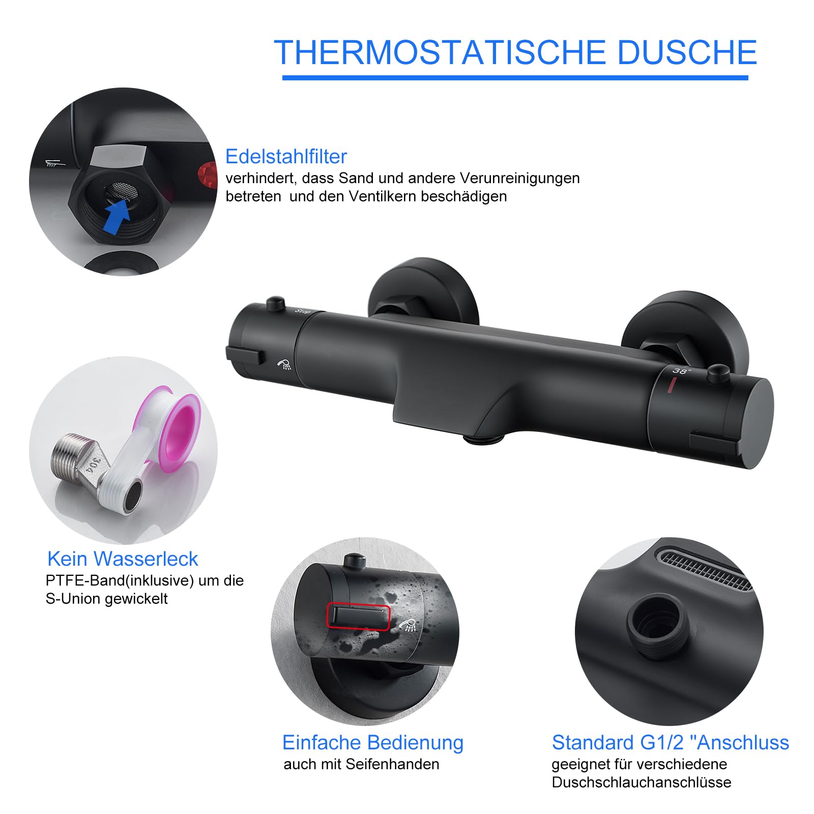 Duscharmatur Schwarz Thermostat KEOKBON Aufputz Duschthermostat mit 38 ° C Sicherheitssperre, Ventilkern Abnehmbar Thermostat Dusche Mischbatterie aus messing für Badewannenarmaturen