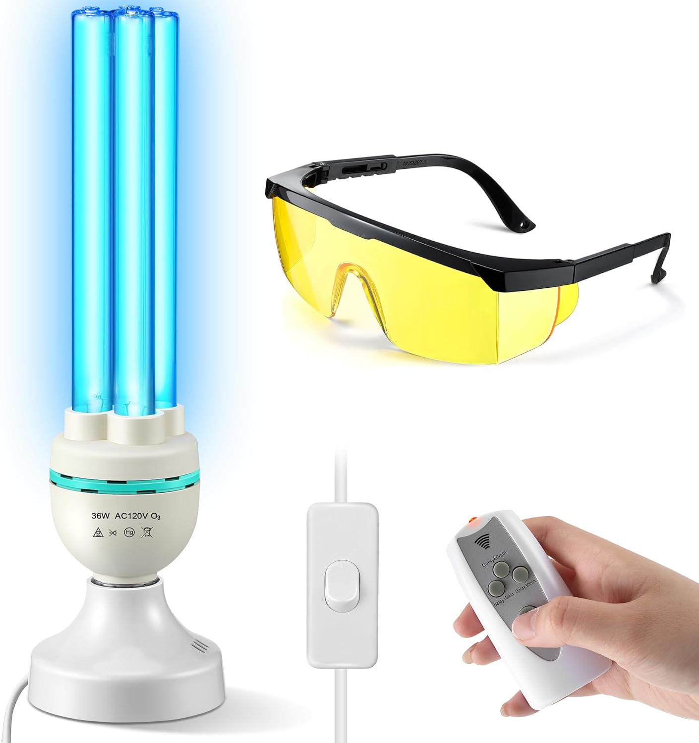 Qualirey 36 Watts UVC Ozone Light with Remote Control and UV Glasses, UV Lamp with E26 Base, 3 Gear Timer 15/30/60 Minutes, UVC Light Bulb for Basement, Bedroom, Kitchen, Storehouse, Car