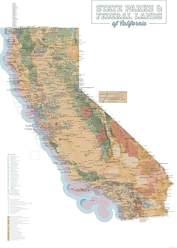 Miniatura 6 de Póster de mapa de parques estatales y tierras federales de California, 24 x 36 pulgadas, color camello y azul pizarra