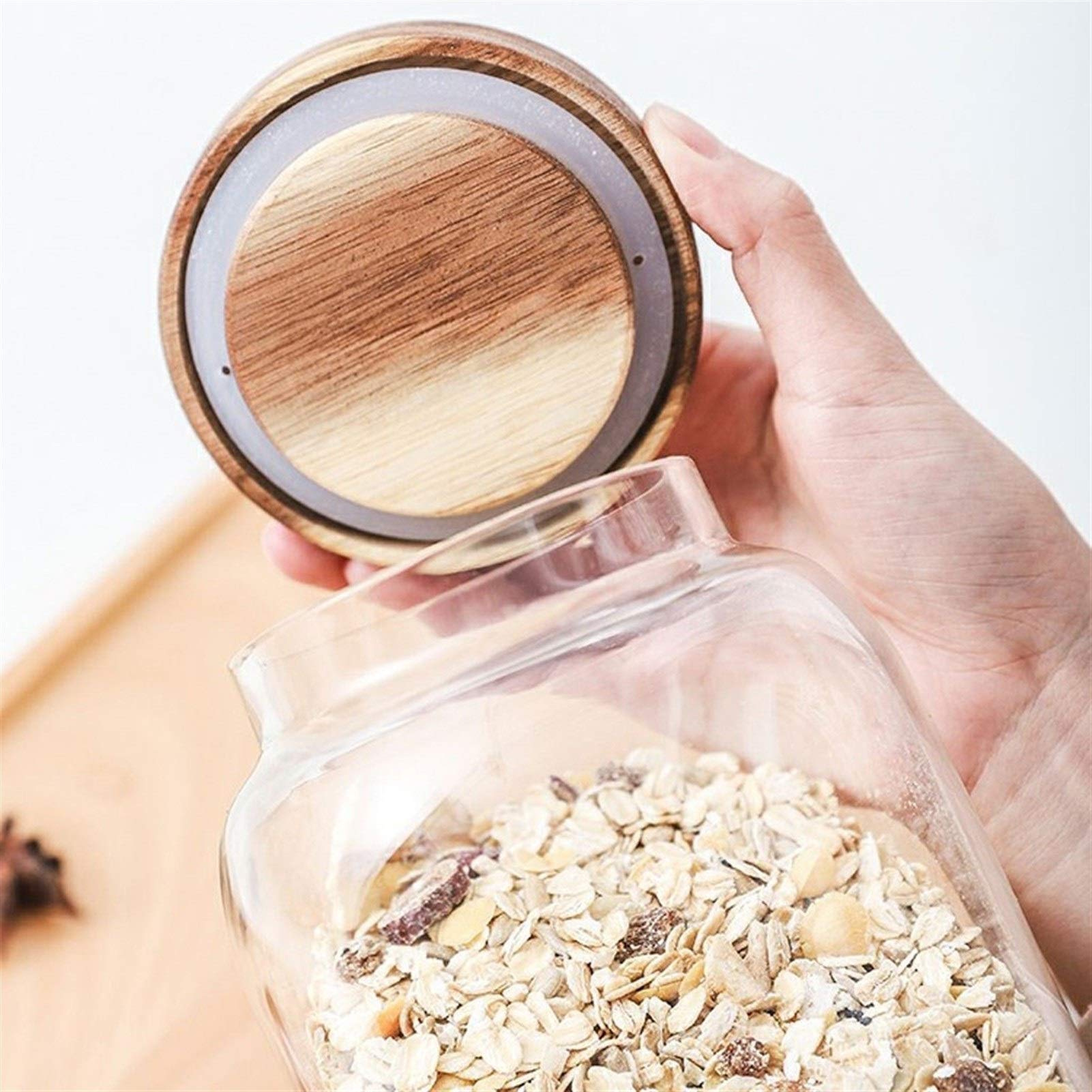 Botes para Alimentos Tarro 2pack de almacenamiento de vidrio con tapas de madera, de cristal del frasco de la cocina de Contenedores de Almacenamiento de granos de café, té, frutos secos, azúcar, espe