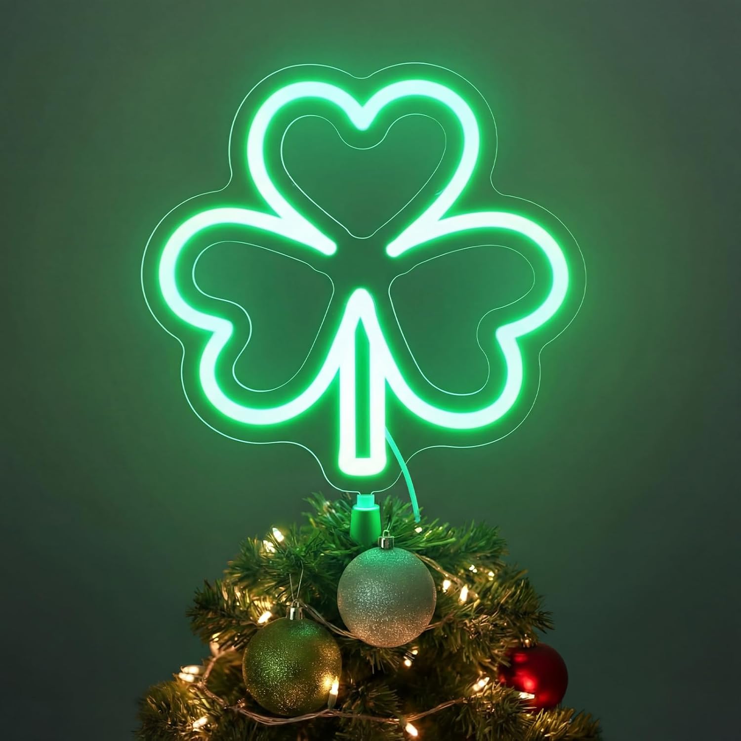 Tuanse Lighted St. Patrick's Day Tree Topper Decorations 11 Inch LED Irish Neon Sign Decorations Green Decor with Battery Operated or USB Powered for Party St. Patrick's Day Holiday (Shamrock)