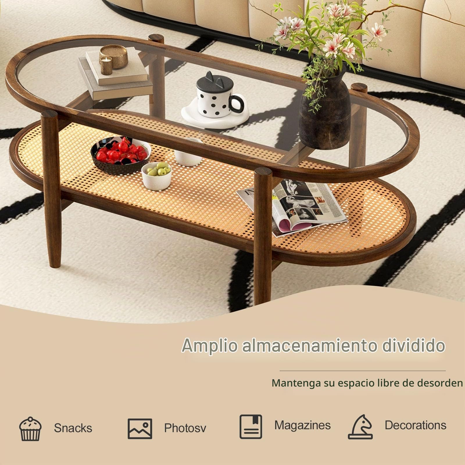 LIFEZEAL Mesa de Centro de Cristal y Madera Maciza Con 2 Niveles - Ovalada Con Ratán para Salón, Dormitorio, Oficina - 102x46x47cm