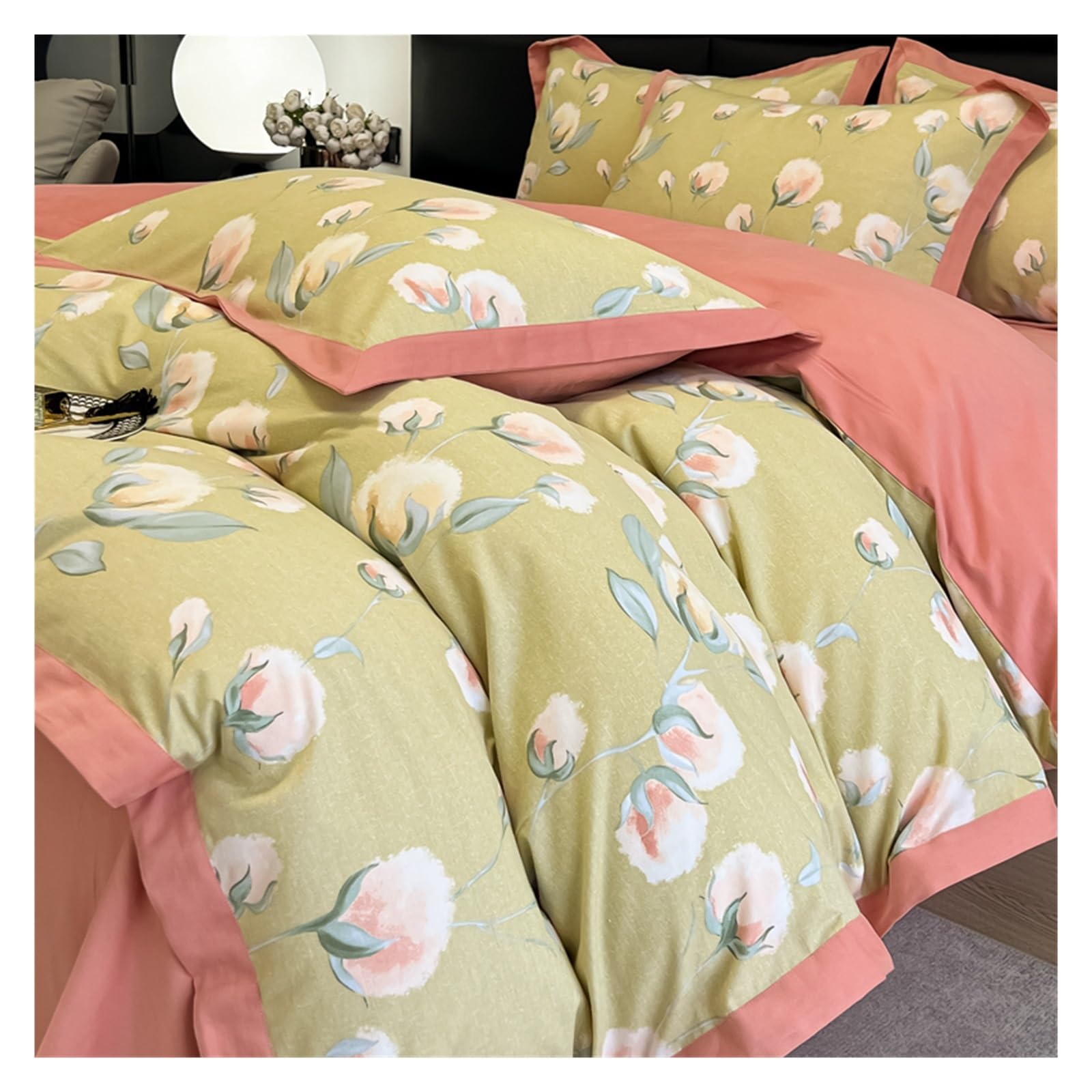 Housse de couette parure de lit 100% coton lavé respirante literie toutes saisons motifs botaniques