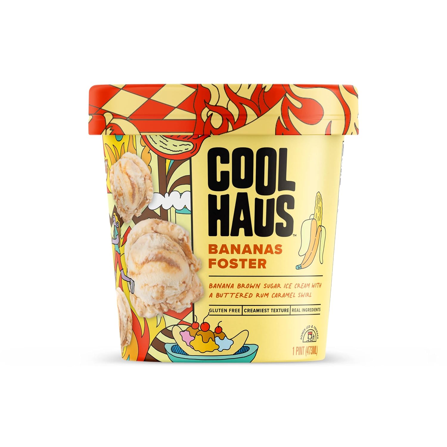 Coolhaus Bananas Foster Ice Cream, 1 Pint (473 mL), Gluten Free, Banana Brown Sugar Ice Cream with a Buttered Rum Caramel Swirl (Frozen)