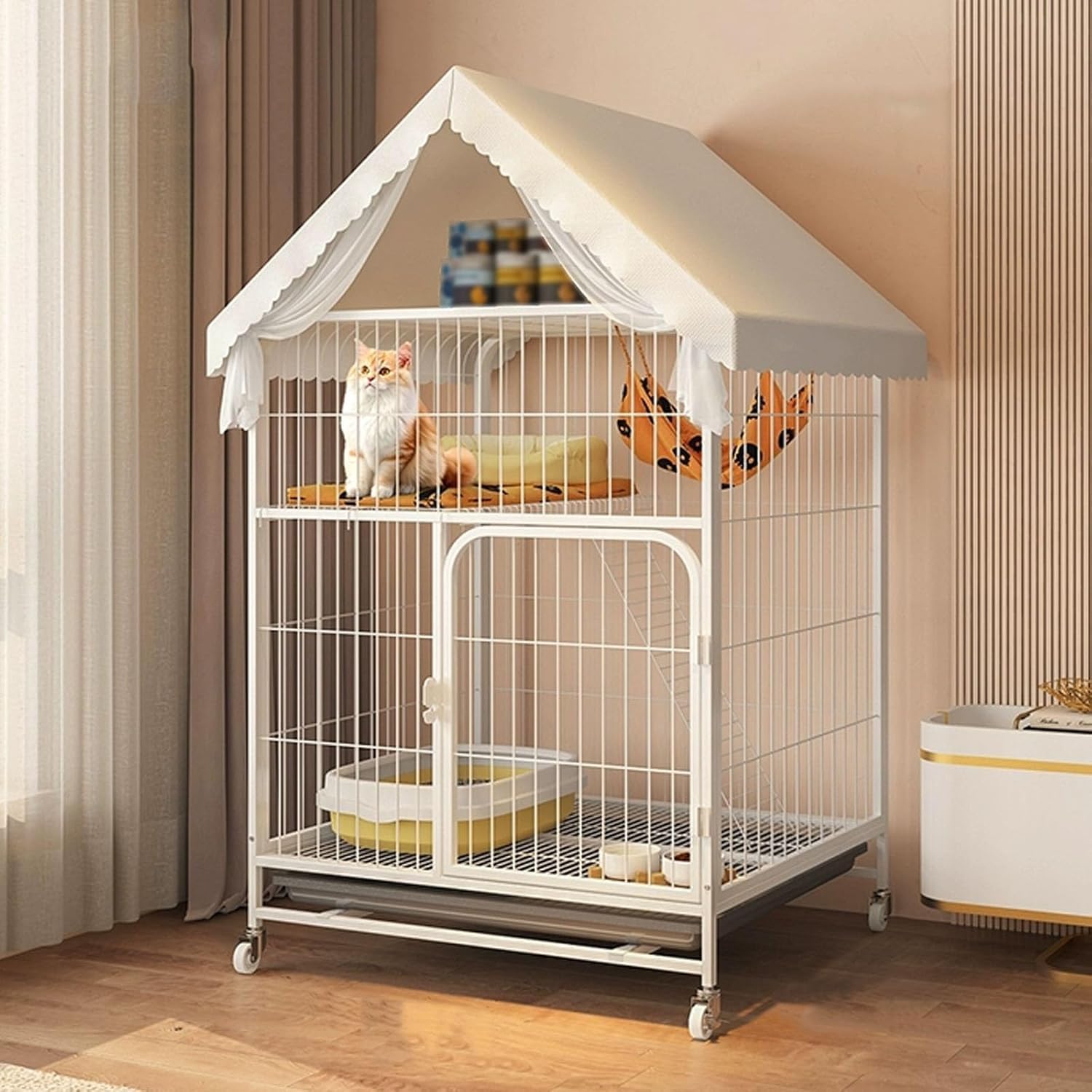DIY Cat Enclosures Large Playpen Metal Wire Indoor Cat Crate, Encrypted Mesh Pad, with Storage Area(Size:78cm*55cm*125cm,Color:White)