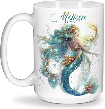 Custom Name Enchanting Mermaid Mug, Personalized Sparkling Mermaid Ceramic Cup, Beautiful Mermaid Coffee Mug 11oz 15oz, Customized Ocean Lover White Cup, Gift For Mermaid Enthusiasts
