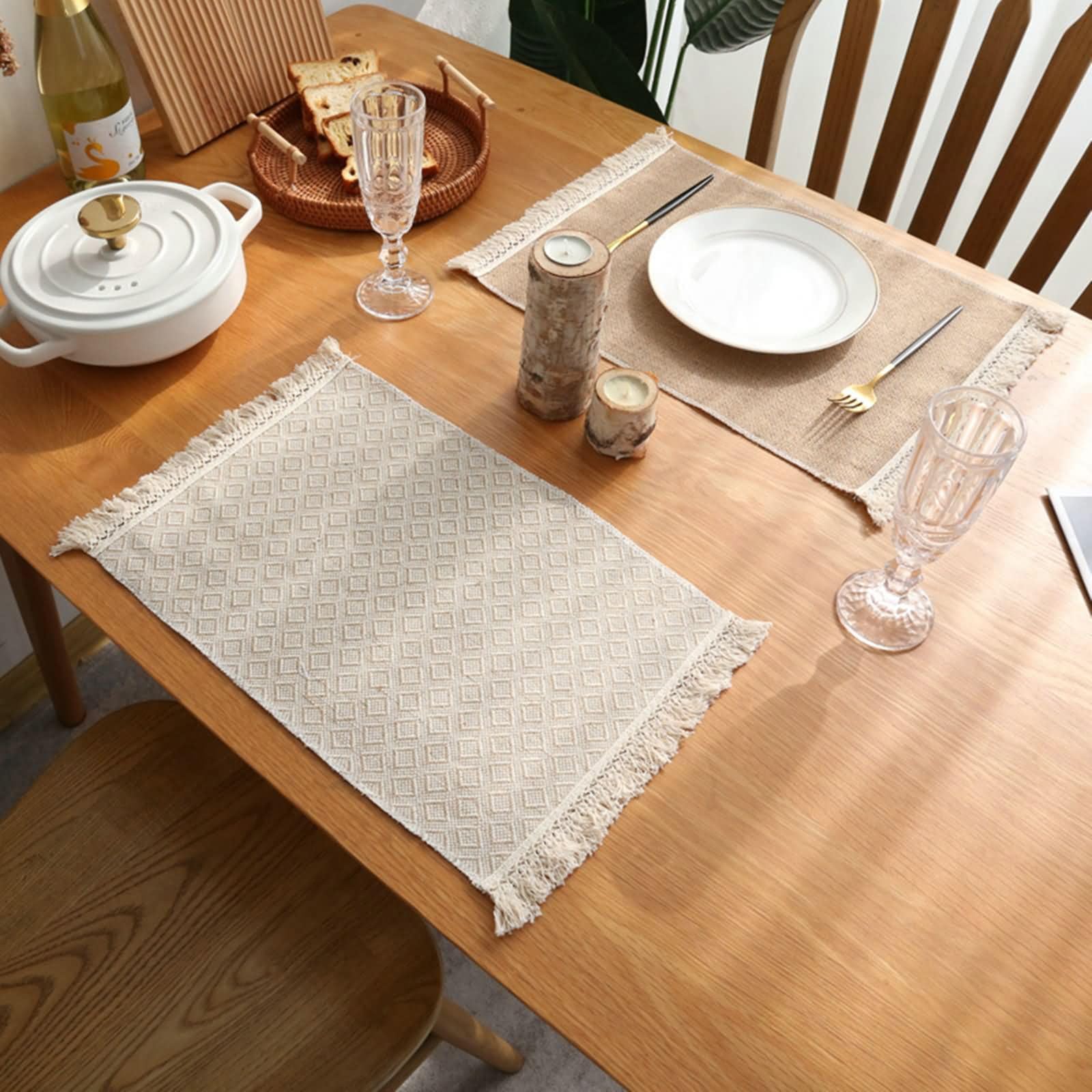 Napperon Table Restaurant 10Pièces, 30 x 45 CM Sets de Table Antidérapant Moderne Coton Lin Beige, Motif de Losange avec Glands