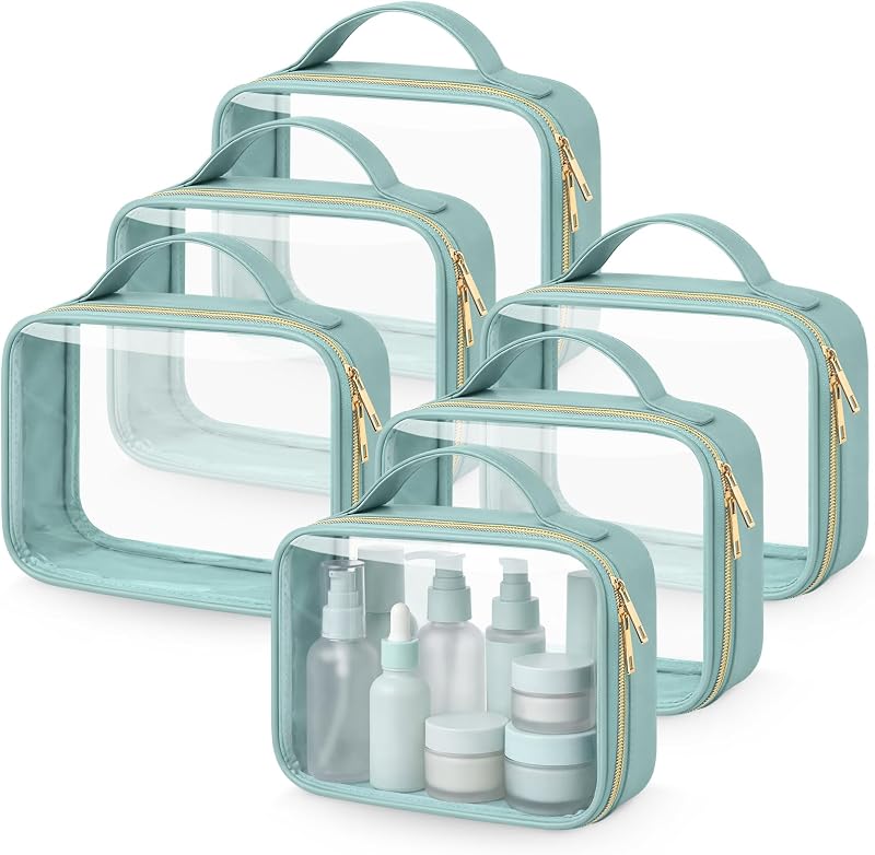 Abbylike Pacote com 6 necessaires transparentes para maquiagem e produtos de higiene, com zíper e alças, PU e PVC, 20,07 x 15 x 6,1 cm, Lake Bule