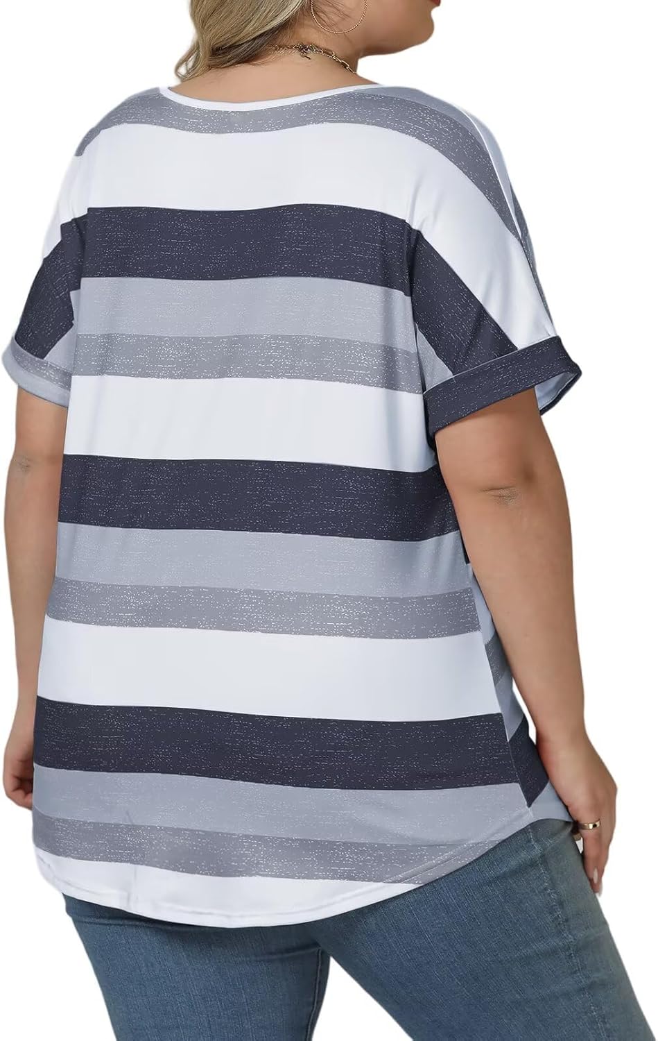 DOLNINE Plus Size Tops for Women V Neck Color Block Striped Tshirts Loose Fit Short Sleeve Shirts Casual Summer Tunic Tees - Image 3