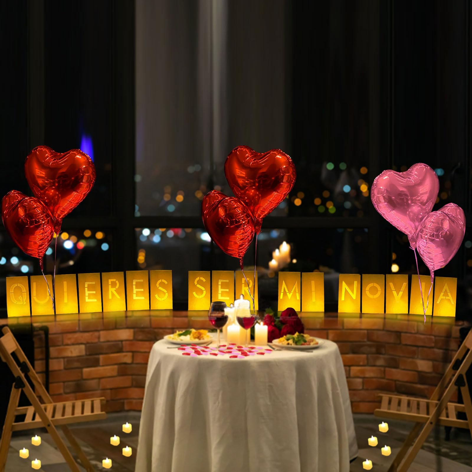 Quieres Ser Mi Novia Lot de 17 sacs lumineux en papier 2200 pétales de rose artificiels rouges et roses, 48 bougies LED sans flamme, 15 ballons en forme de cœur, nuit romantique, Saint-Valentin