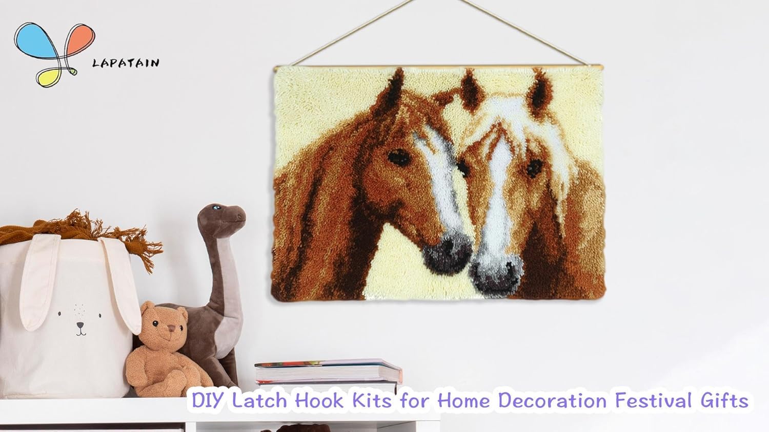 LAPATAIN Latch Hook Kits DIY Crochet Yarn Kits,Two Horses Carpet Embroidery Hook Rug Kit Needlework Sets Cushion for Adults Home Decor 20x14inch
