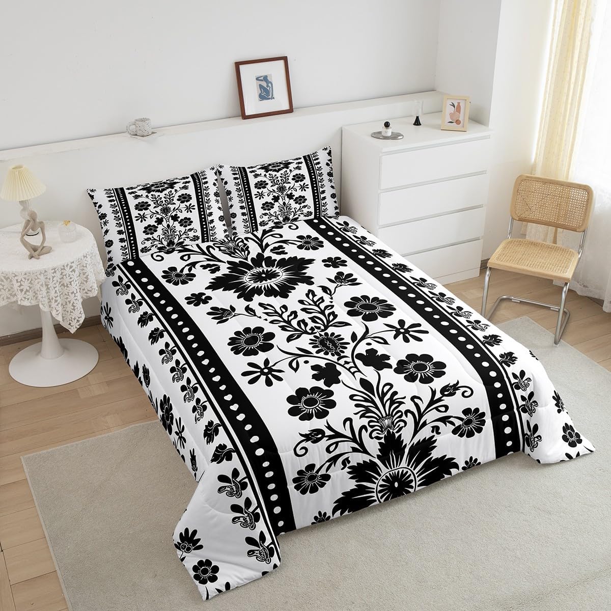 Feelyou Kids Black Damask Gothic Comforter Queen Size for Kids Boys WomenVictorian Baroque Bedding Set Antique Goth Comforter Set Vintage Floral Duvet Set with 2 Pillow Case