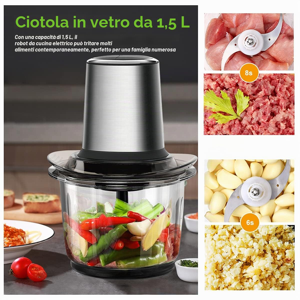 Tritatutto da Cucina Elettrico 400W, Mini Robot da Cucina con Ciotola in Vetro da 1.5L, Frullatore Tritatutto Multifunzione con 4 Lame Affilate per Carne Verdure Frutta, 2 Velocità