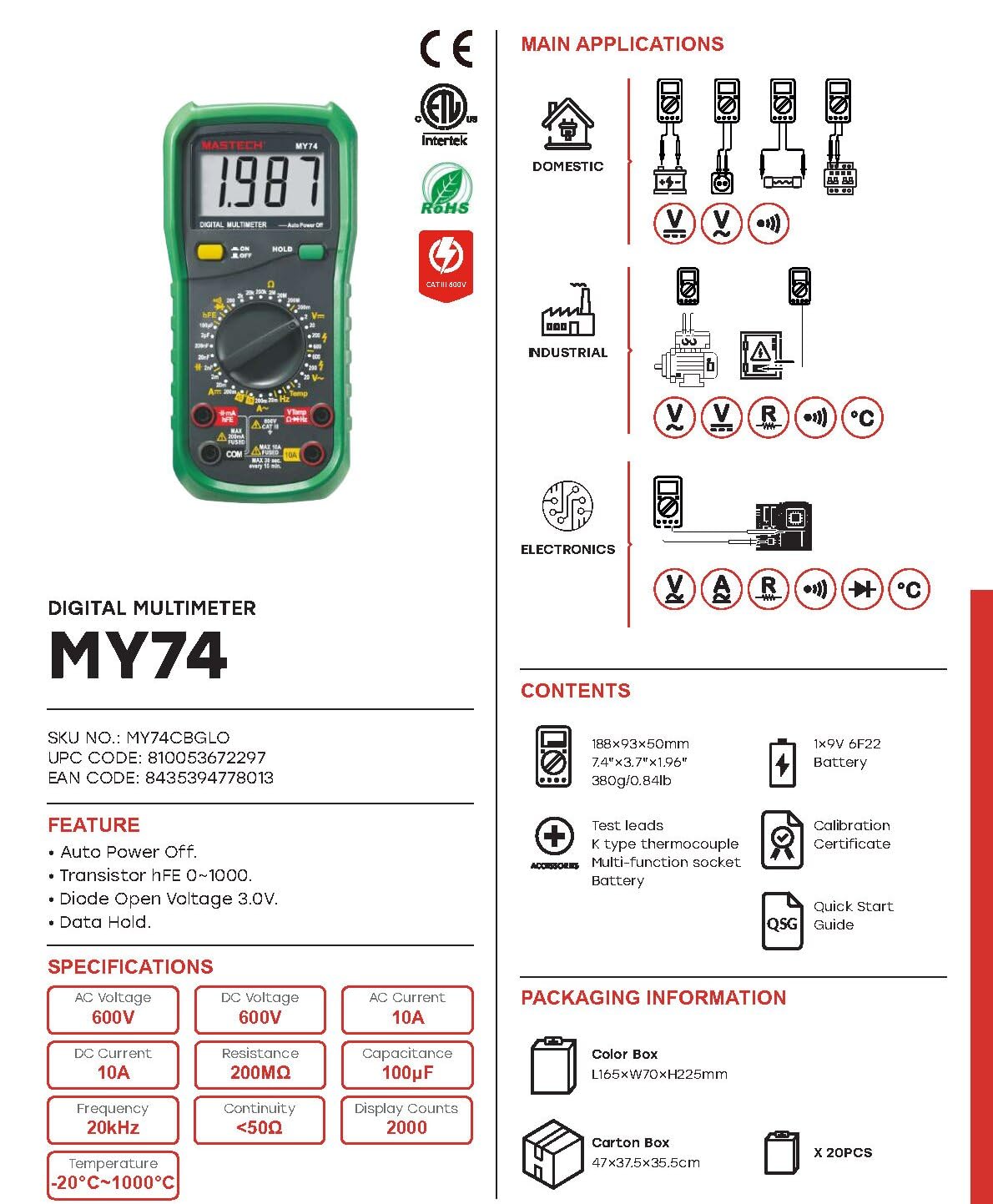 MASTECH MY74 Multimeter features, applications, and contents