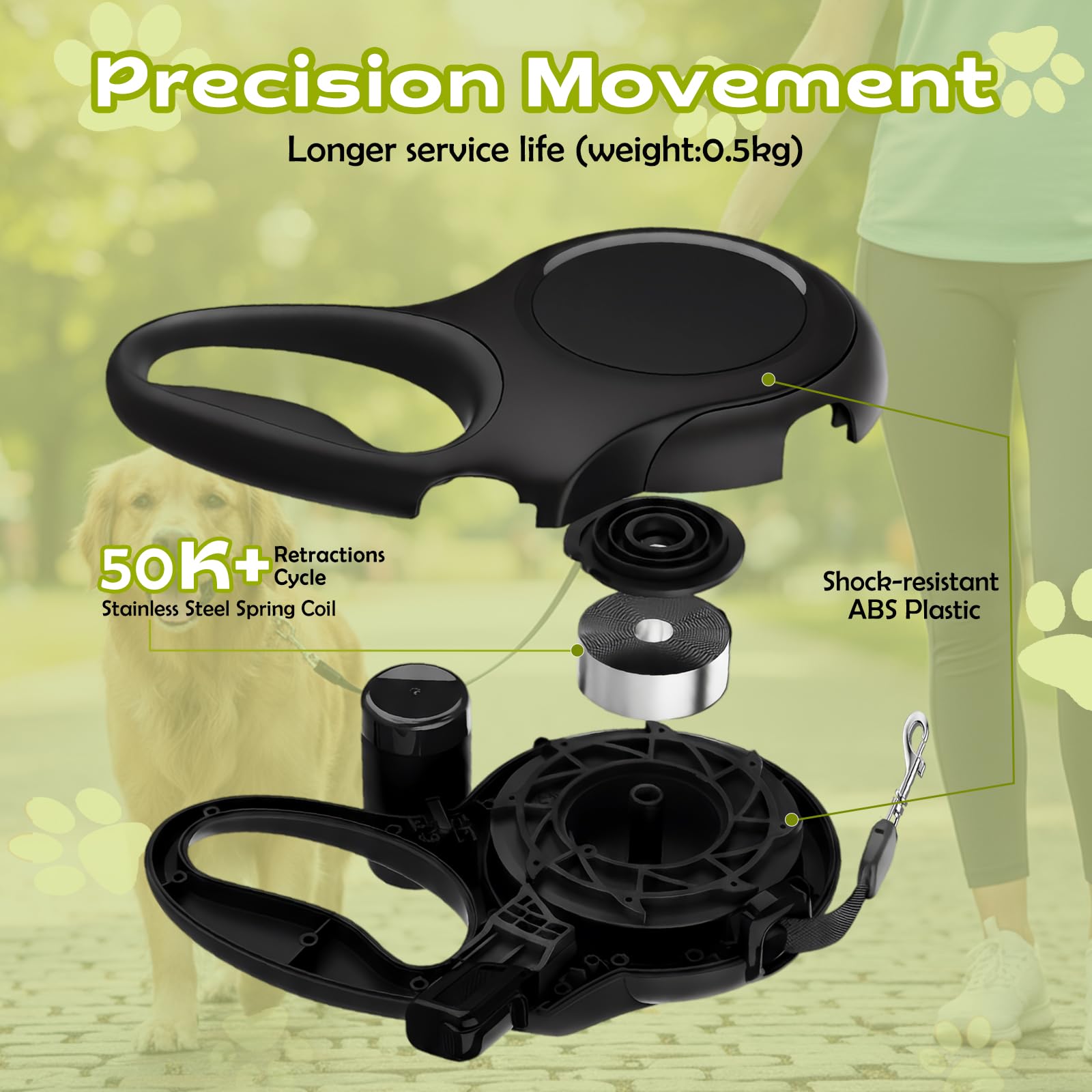 Correa Perro Extensible 8 Metros, 360°Antienredos, Mango Ergonómico, Correa Retráctil con Bolsas Higiénicas y Portabolsa, para Perros Pequeños, Medianos y Grandes hasta 50Kg (Negro, 8m)