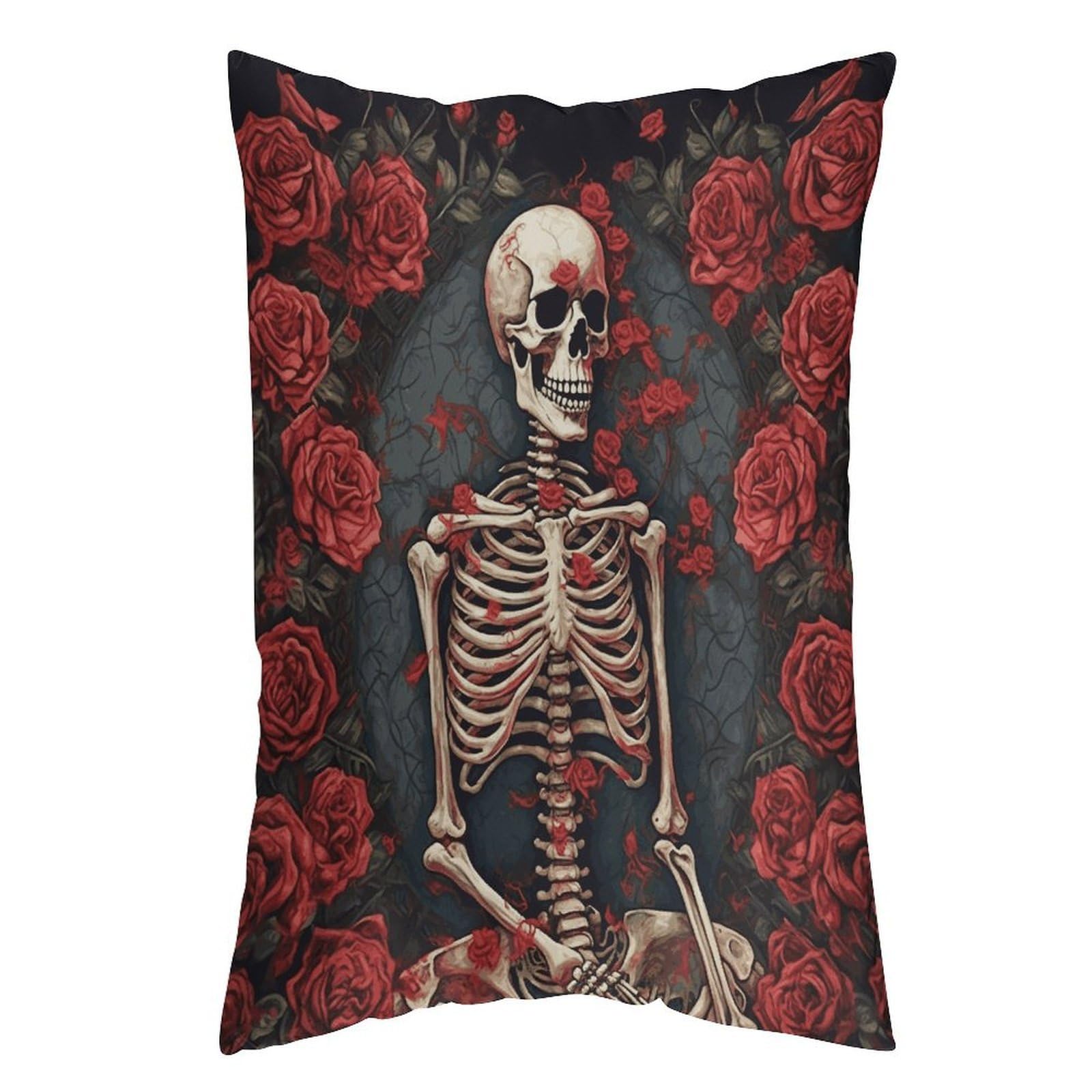 LDGSUPH Skeleton with Roses Pillow Cases Soft Pillowcase with Invisible Zipper Wrinkle Resistant Pillow Covers Breathable Removable Pillow Protector for Bed Sofa Car 16 "x24