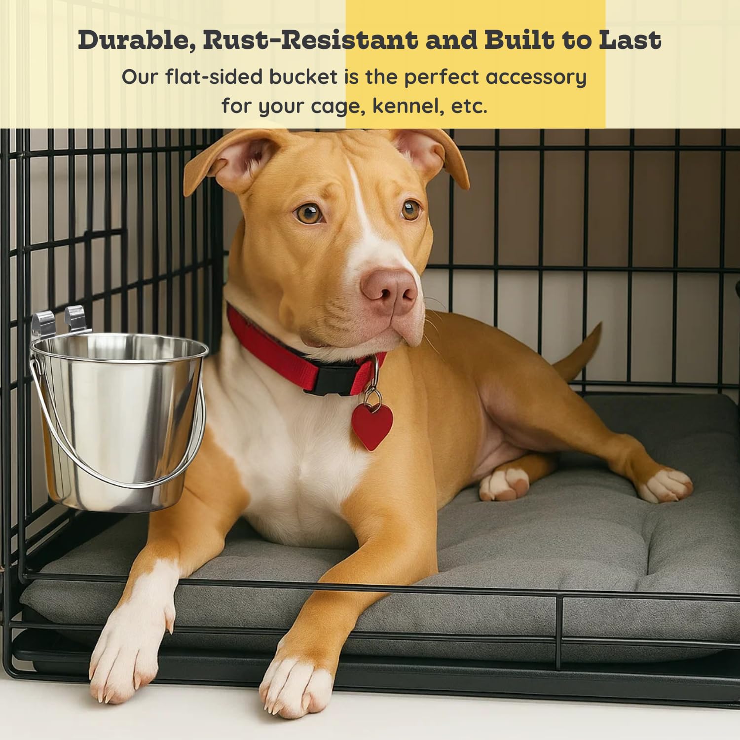 Cubo Plano de Acero Inoxidable de 4 Cuartos con Doble Gancho, se Adapta a perreras, jaulas y jaulas, Cubos Colgantes de Ganado, Cubos Resistentes para Mascotas, Suministros de