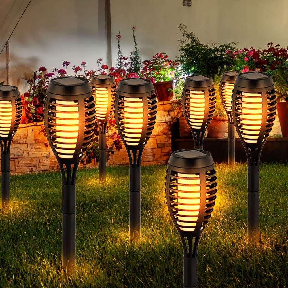 LED Solarfackeln für Außen flackernd Balkon Gartendeko Stecklampen Solar Gartenfackel, Kunststoff schwarz, Feuereffekt warmweiß, H 50 cm, 8er Set