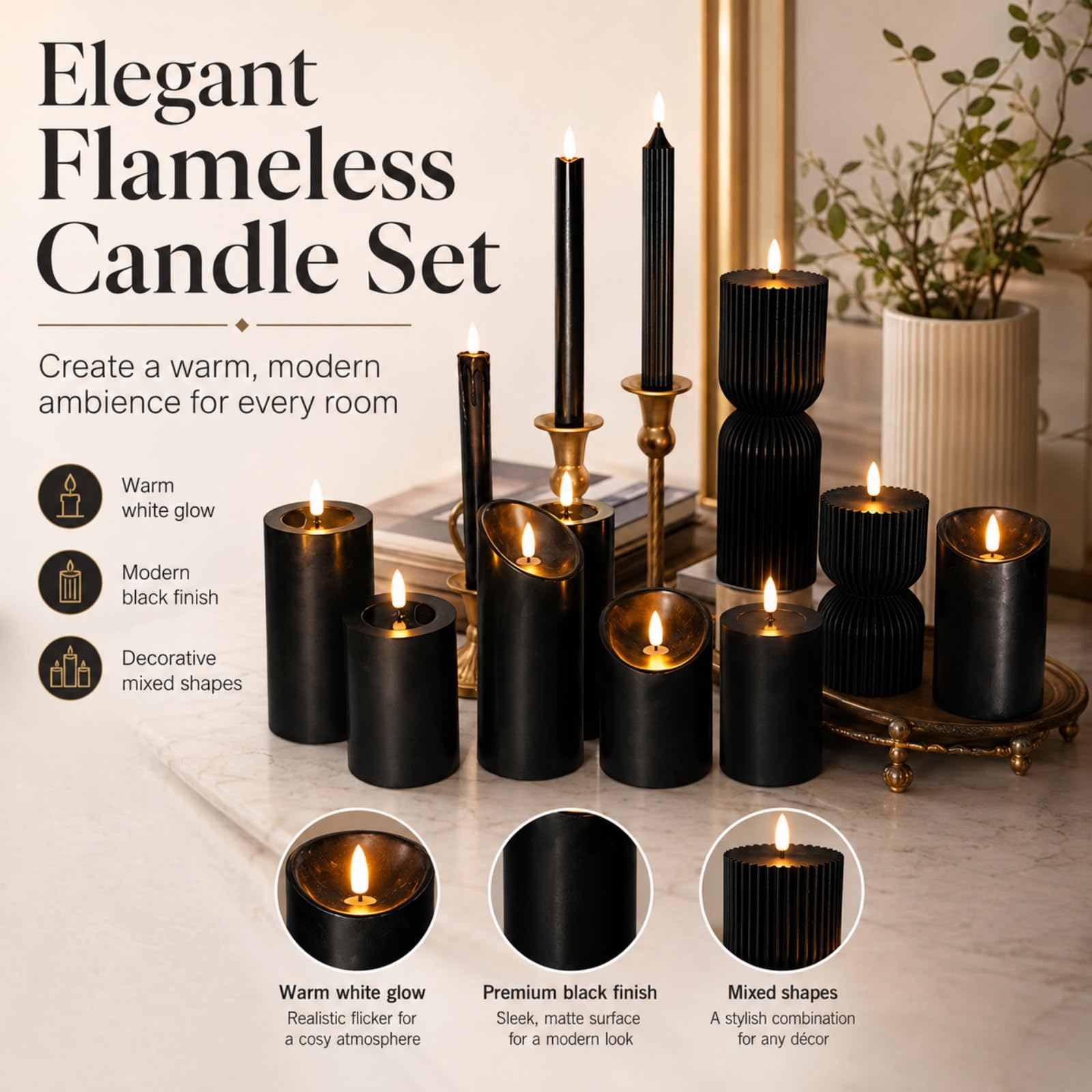 Mateju 12 Pezzi Candele LED Fiamma Oscillante con Telecomando e Timer, Candele LED Decorative a Batteria Luci Senza Fiamma Lunghe per Interni Esterni Camera da Letto Sala (Nero)