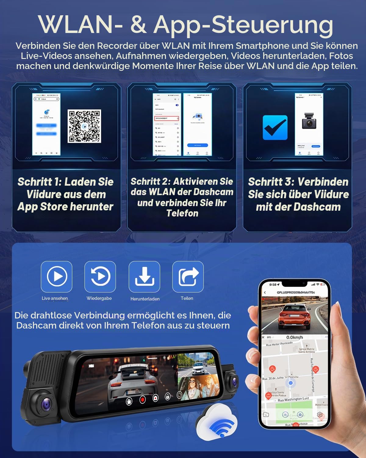 4-Kanal 9,7" Spiegel Dashcam, WiFi, G-Sensor, Nachtsicht IR, Loop