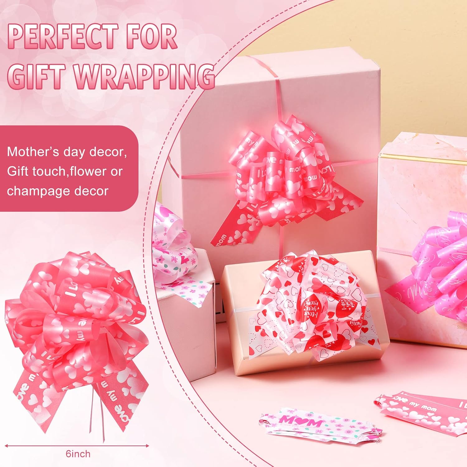 Syhood 20 Pcs Pull Bow for Gift Wrapping Baskets Mother's Day Birthday Pull Ribbon String Bows Assortment 6 Inch Red Pink Heart Valentine's Day Gift Wrapping Accessory for Mom Present Bouquet Crafts - Image 2
