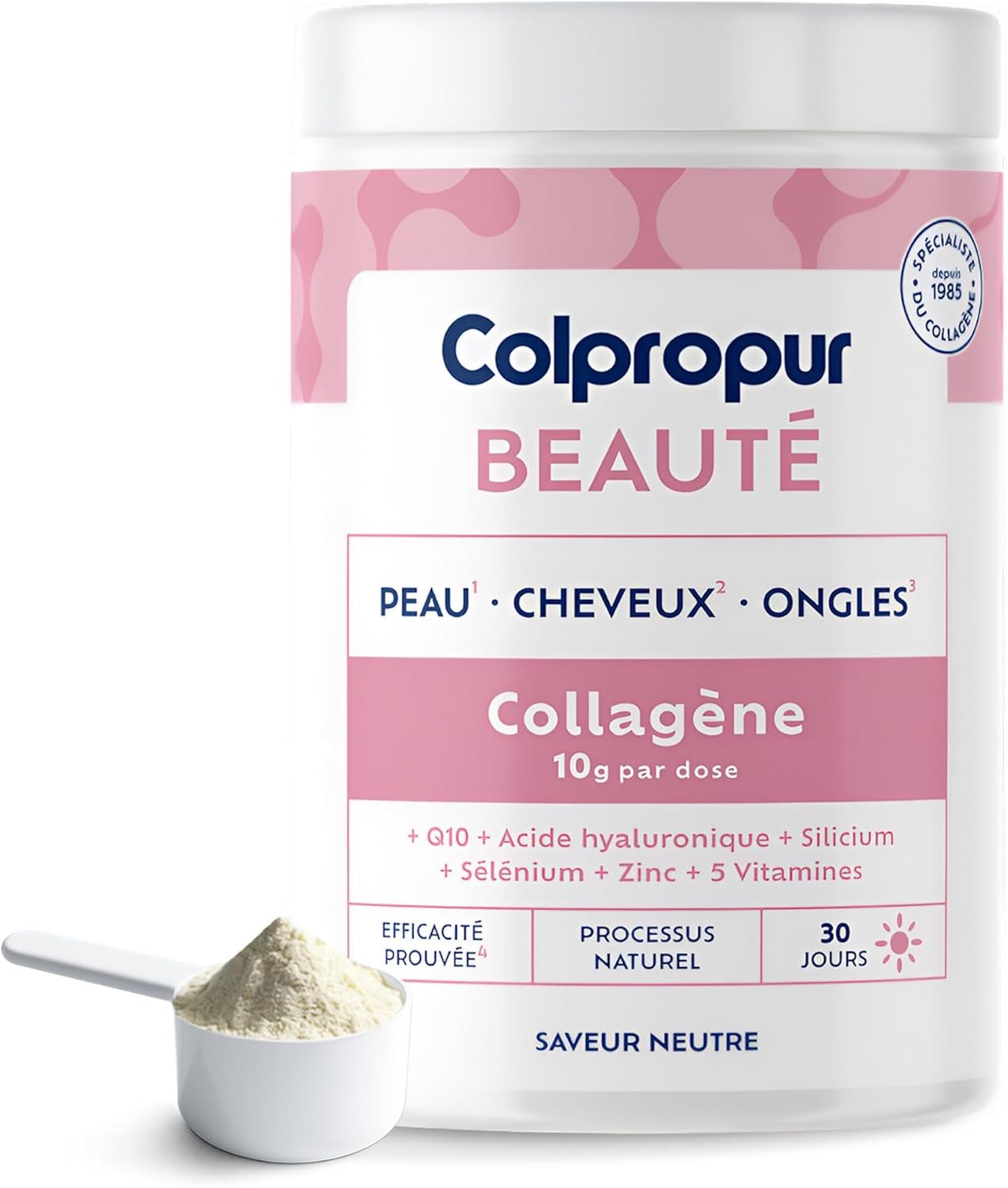 COLLAGENE Poudre - Peau Cheveux Ongles - Acide Hyaluronique + Vitamine C | Saveur Pêche,10 g/jour, peptides hydrolysés, coenzyme Q10, zinc, sélénium, 30 doses, sans sucre ni OGM, Colpropur Beauté