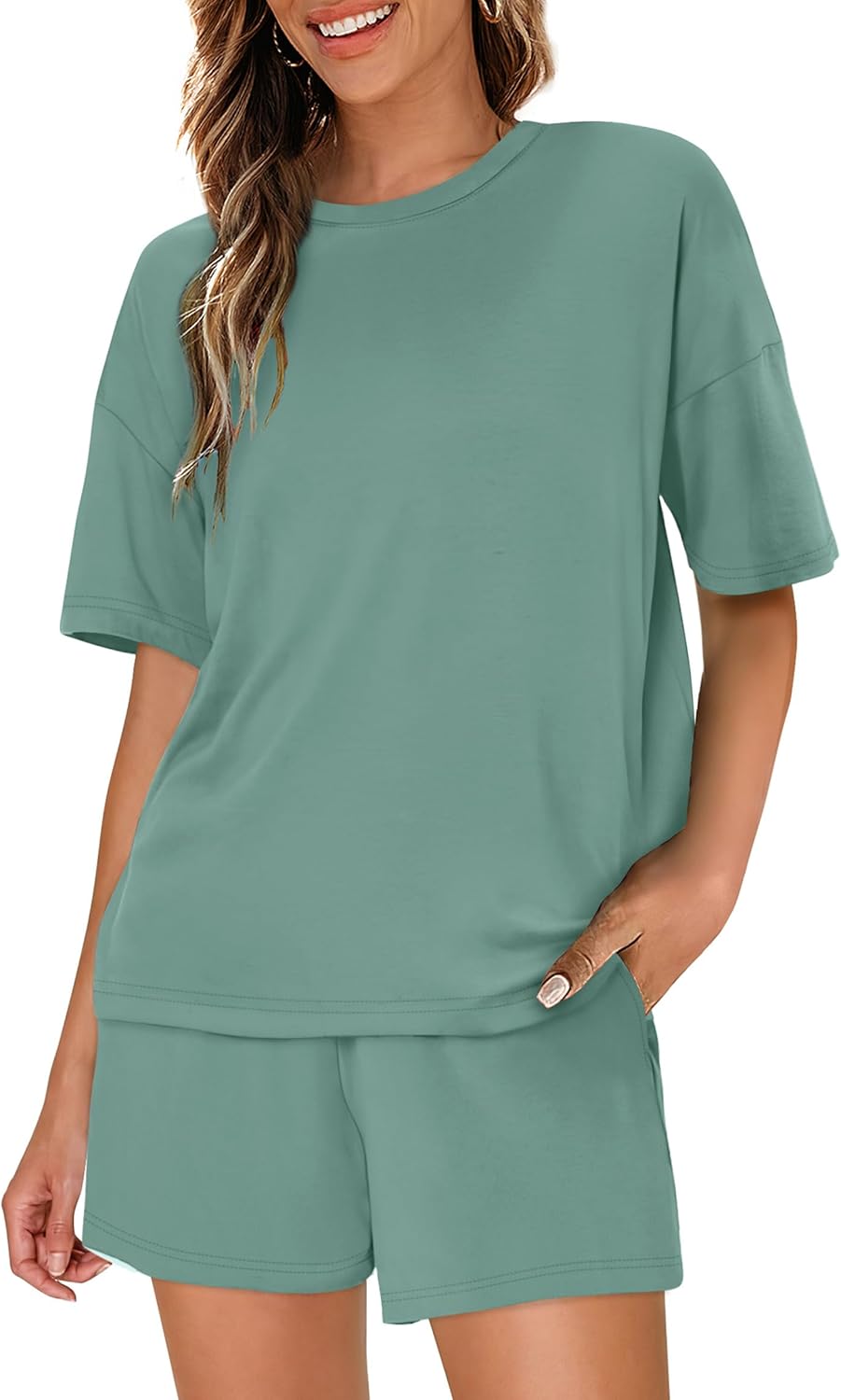 WIHOLL 2 Piece Lounge Sets for Women 2 Piece Lounge Matching Short Sleeve Tops Shorts Pants with Pocket Clothing - Image 2