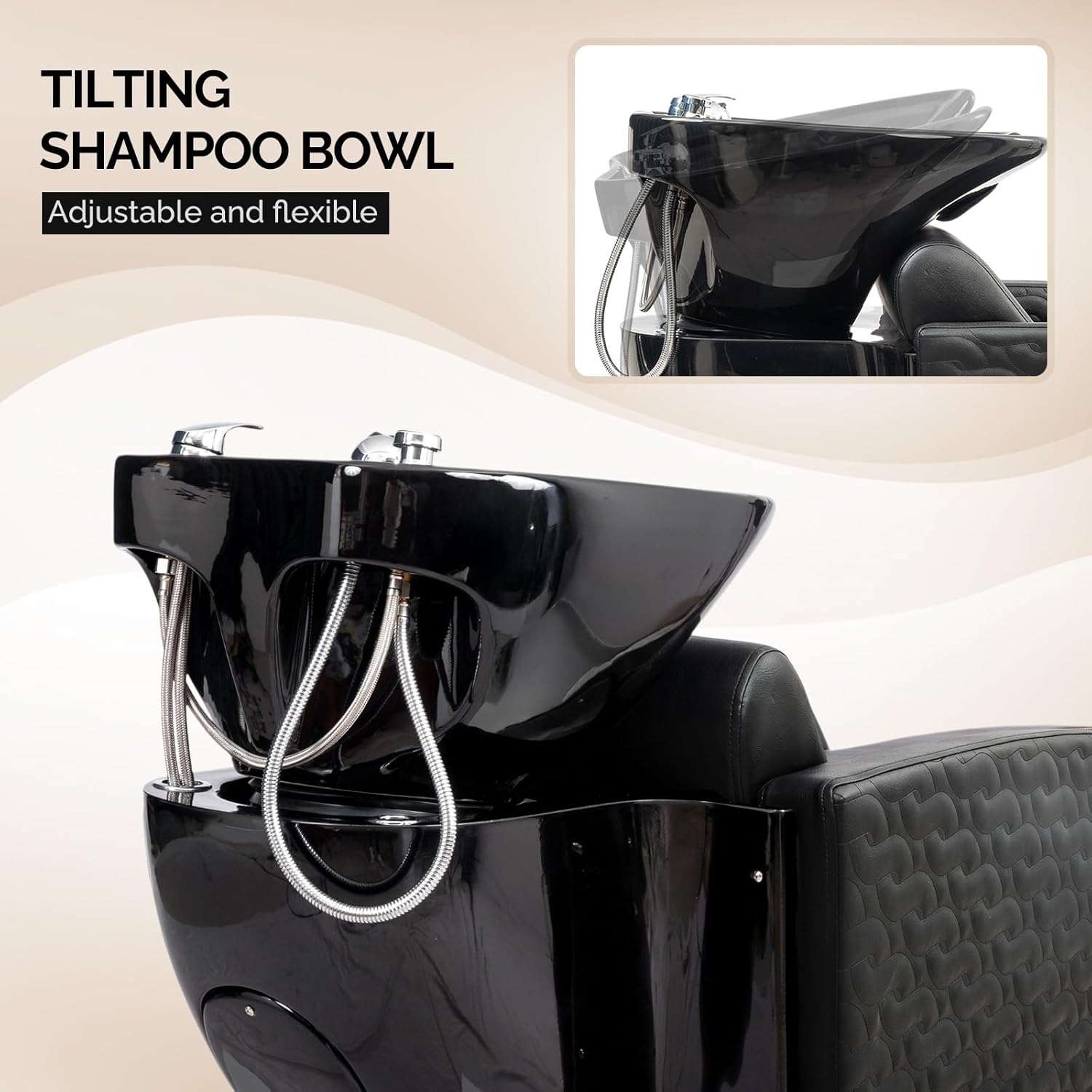 OmySalon Salon Shampoo Bowl and Chair, Shampoo Chair Extra Wide Seat & Porcelain Hair Washing Sink, Shampoo Unit for Beauty Spa Barbershop, Black