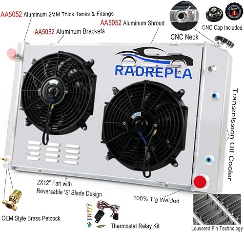 Miniatura 9 de RADREPLA Radiador de aluminio de 3 filas para Chevy GMC C10 C20 C30 C1500 C2500 K10 K20 K30 Pickup Blazer Jimmy V8 Radiadores Shroud 2 x 12 pulgadas