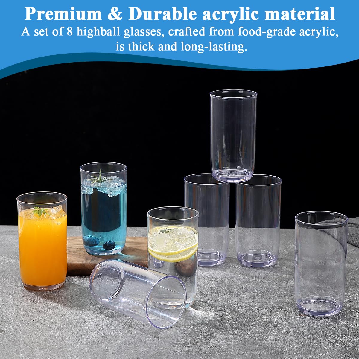 Berglander Set di Bicchieri Highball 8 Pezzi, Bicchieri Collins da Bere in Plastica PET Trasparente Alti 420ml, Tazze d'Acqua Riutilizzabili, Vetreria per Bar Tumbler per Bevande, Birra, Succo, Latte