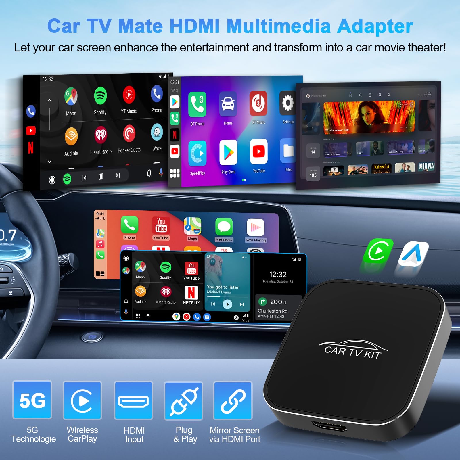 3 en 1 Car TV Mate Pro –Adaptador inalámbrico CarPlay y Android Auto y multimedia HDMI para TV Stick, consolas de juegos y duplicación de pantalla, Adaptador HDMI Car T V,para con vehículos desde 2016