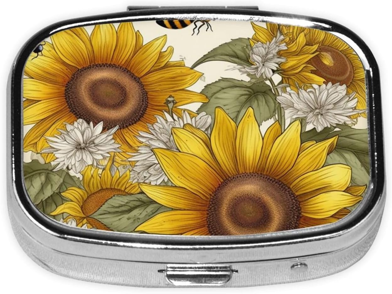 Small Pill Box Portable Pill Case 2 Compartment Metal Pill Vitamins Holder Organizer Cute Bees Sunflowers Daisy Rose Flowers Travel Pillbox for Purse Pocket