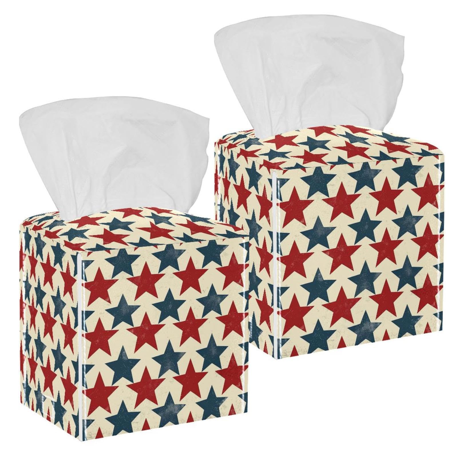 Retro American Stars Tissue Box Cover, 2 Pack PU Leather Square Facial Tissue Dispenser Box holder for Home Office Car