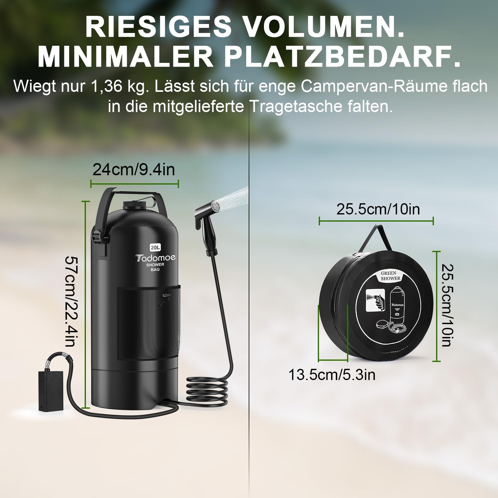 Campingdusche 20L mit 2000mAh Pumpe - Faltbare Outdoor Dusche inkl. 2m Schlauch & Aufbewahrungstasche - Mobile Solardusche für Wohnmobil