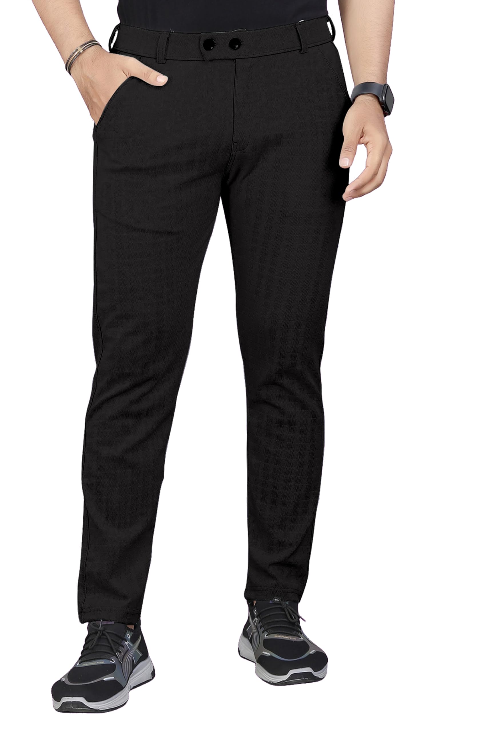 mehrang Men's Casual Textured Regular Fit Trousers, Formal Pants with Button Closure, Side Pockets, Polyester Trouser for Men-picture-10