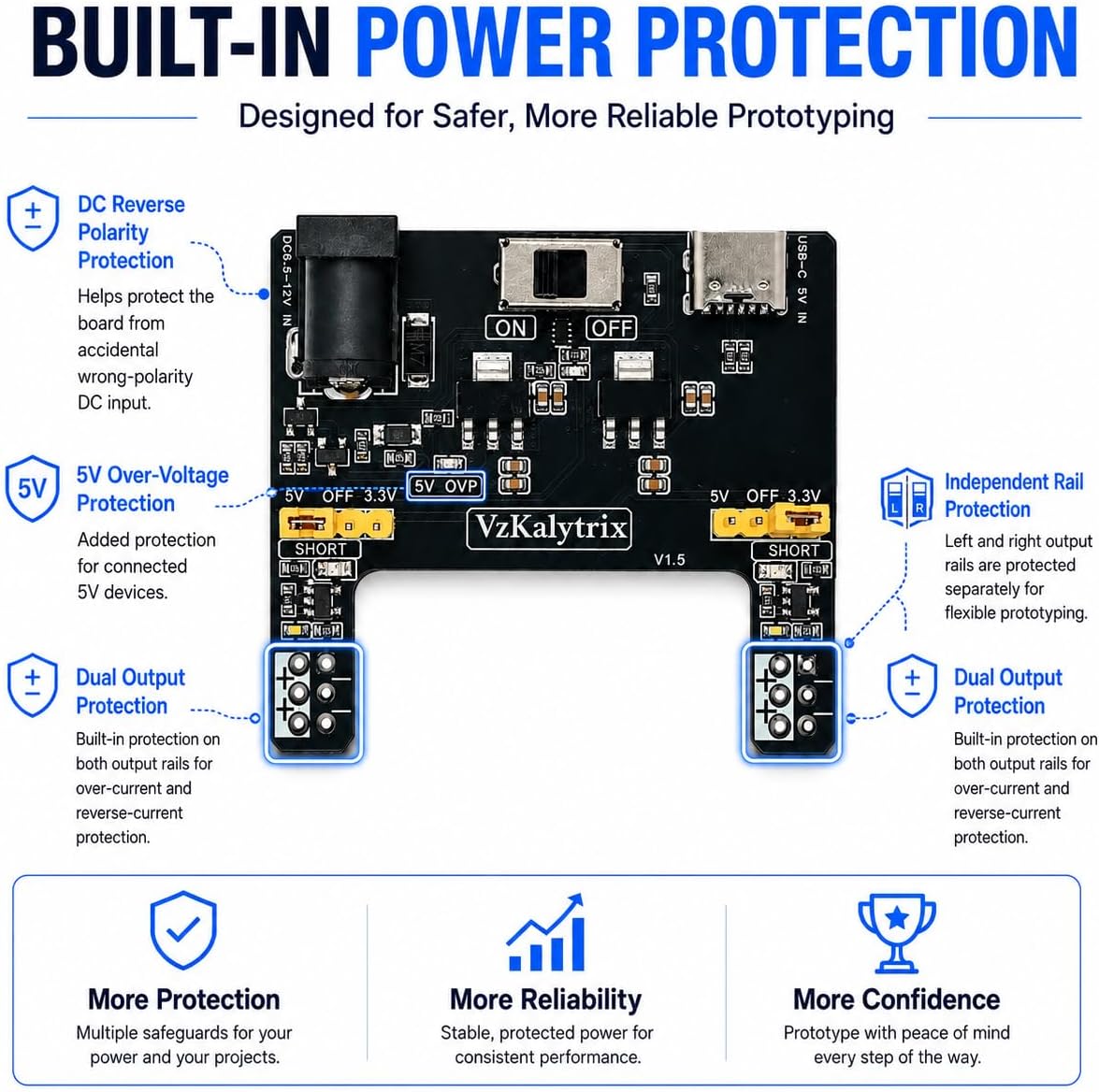Breadboard Power Supply Module, 5V/3.3V Dual Output, USB-C & DC Input, Compatible with Arduino Raspberry Pi ESP32
