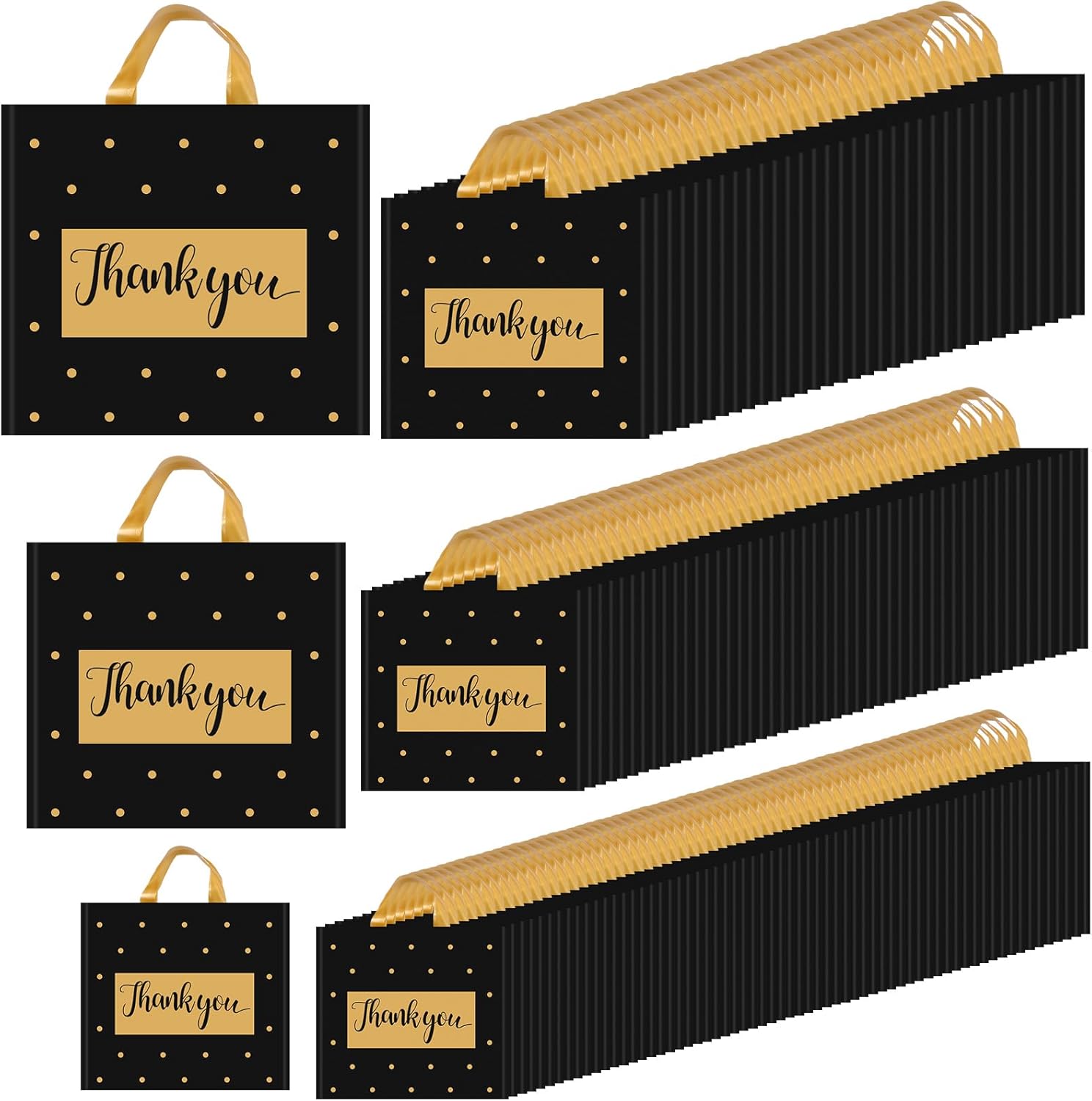 Gueevin 200 Pcs Thanks Bags with Handle Bulk Thank You Merchandise Bags 3 Size Plastic Packet Retail Shopping Package for Boutique 9 x 12'', 12 x 14'', 13 x 15''(Black and Gold)