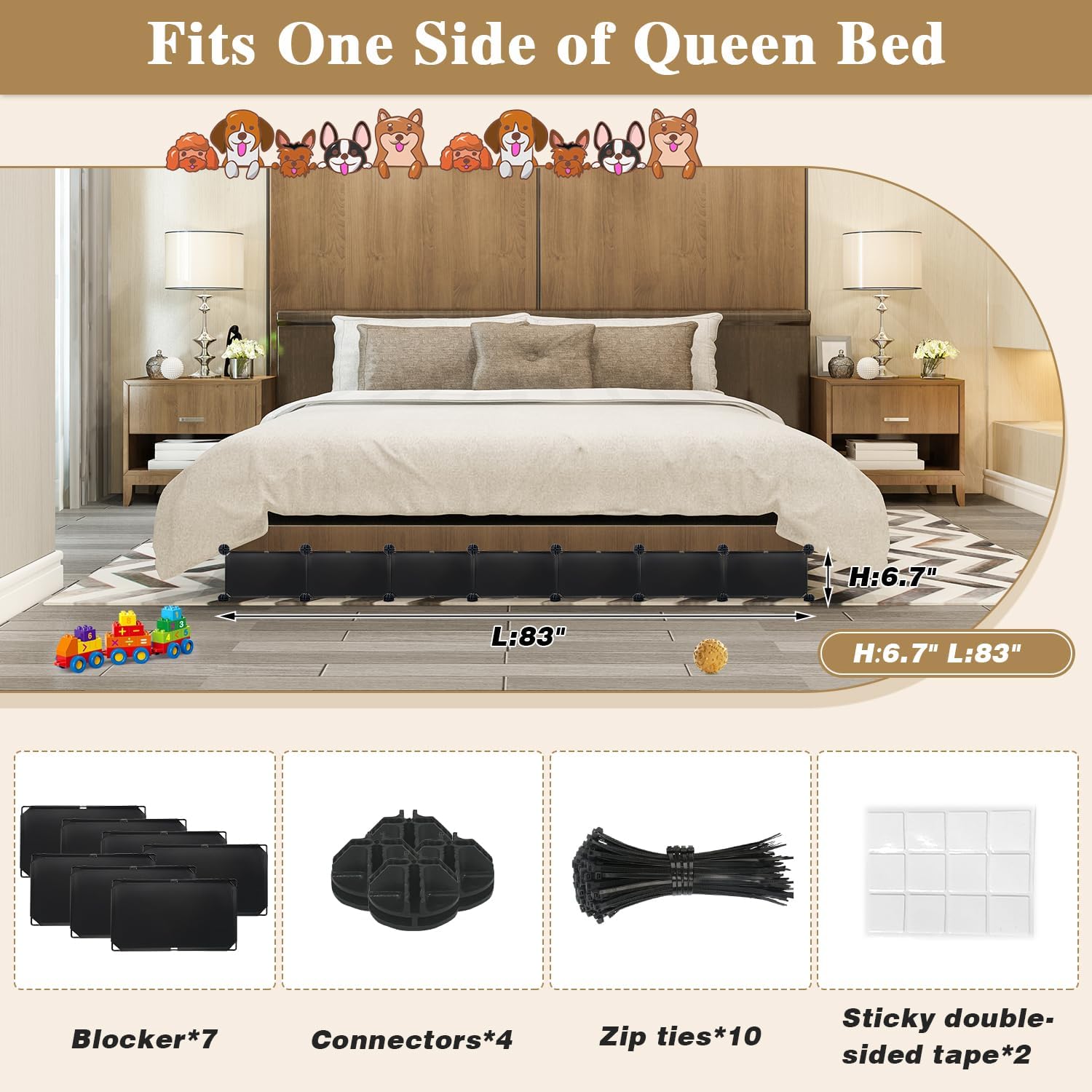 Under Bed Blocker for Pets, Easy to Install 7 Pack Bed Blockers for Under Bed, 83" Under Couch Blocker, Expandable Design, Blocks Dogs Cats & Stops Lost Toys Under Furniture, 12L*6.7" H