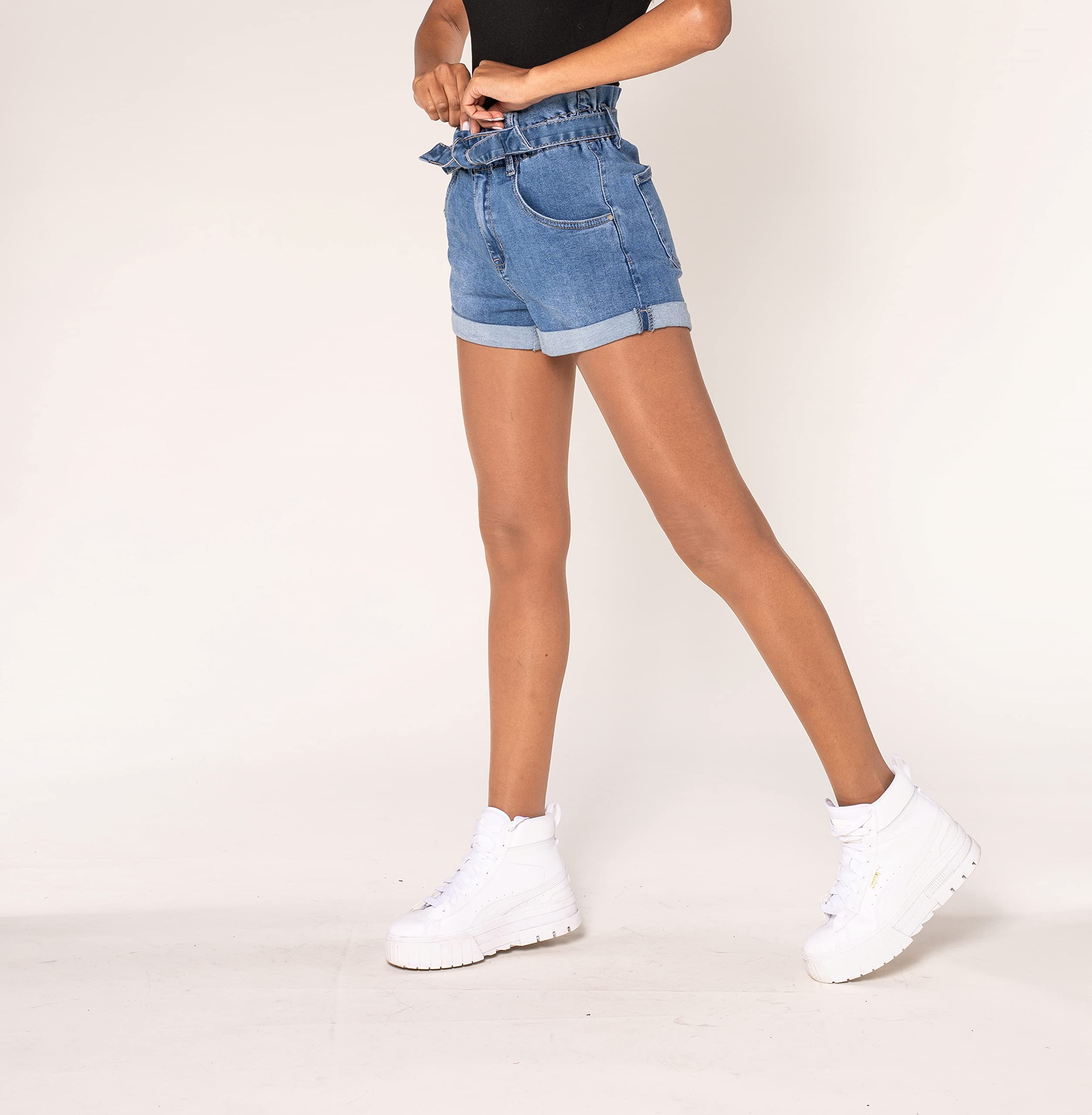 Nina Carter P203 Short en jean court pour femme Coupe trapèze Taille haute Aspect usé Short d'été