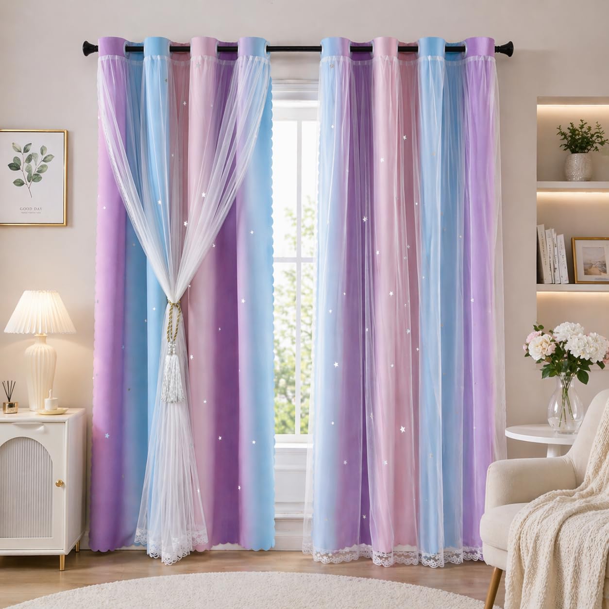 2 Panels Kids Curtains for Bedroom Girls Rainbow Stars Cut Out Blackout Curtains,52 x 84 Inch Thermal Insulated Curtains & Drapes with Eyelet for Kids Girls Nursery Bedroom Princess Room Decor