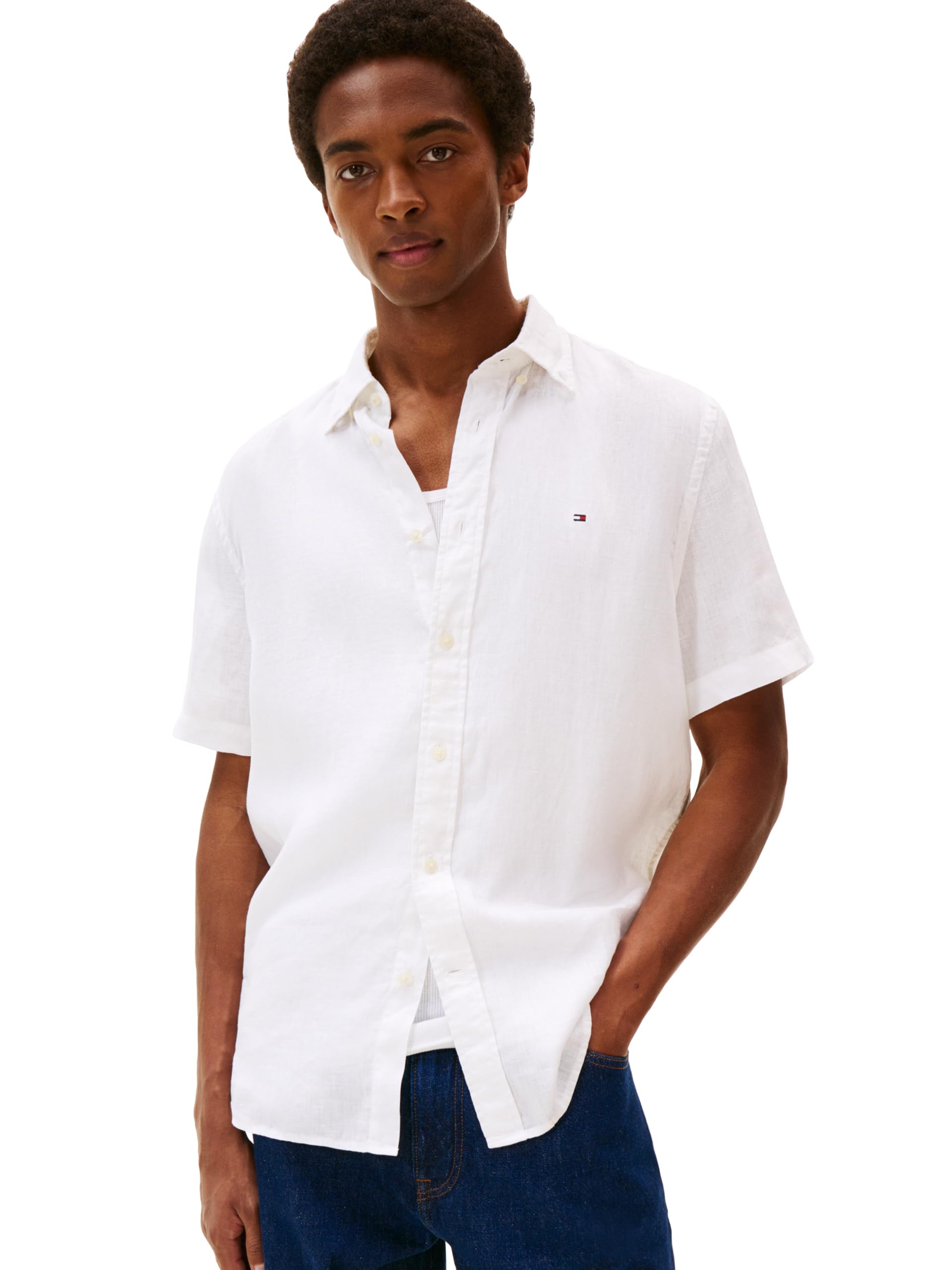 Tommy Hilfiger Herren Short Sleeve Casual Linen Button Down Shirts in Regular Fit Kurzärmelige, lässige Leinenhemden mit Knopfleiste in normaler Passform (1er Pack)