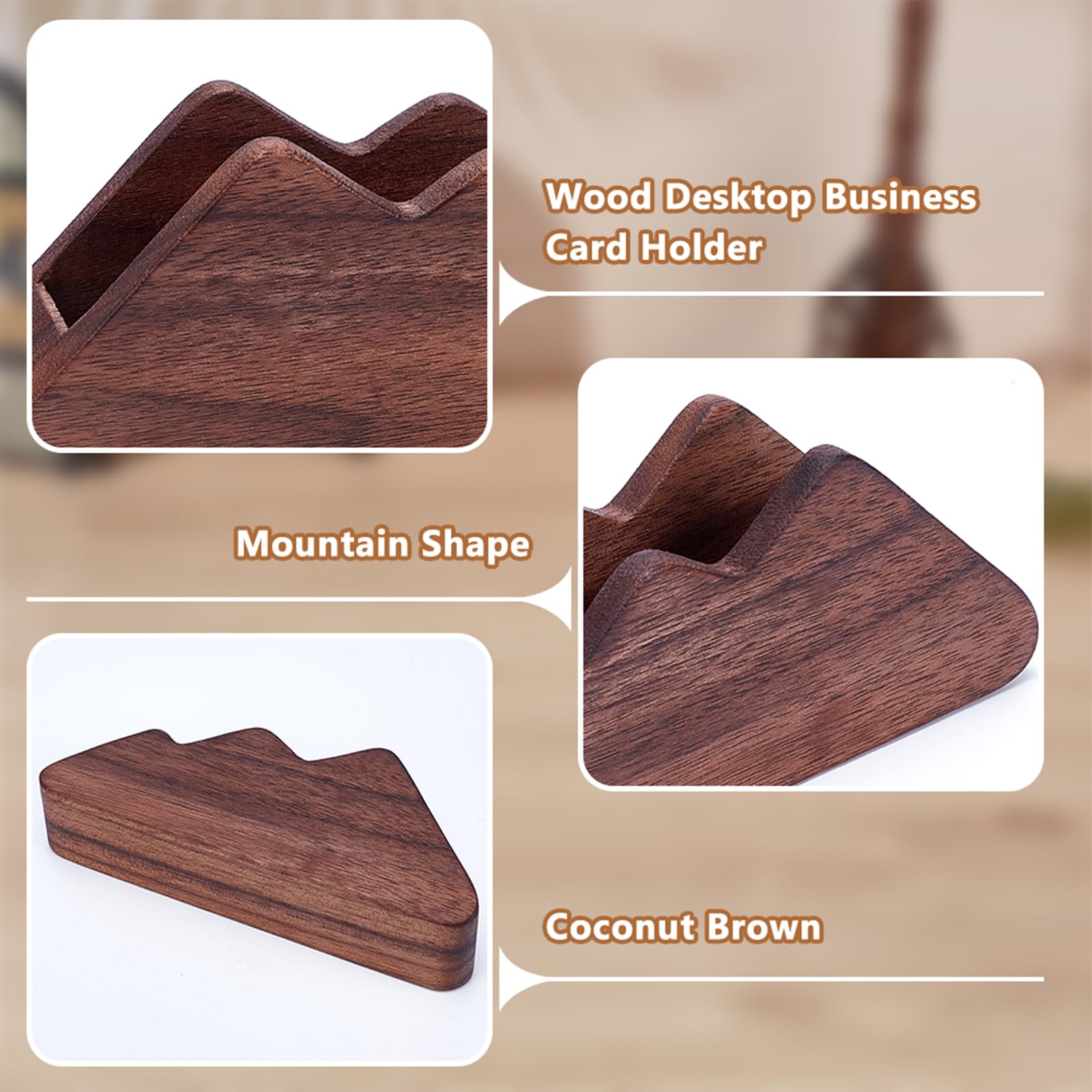 4 soportes de madera para tarjetas de visita, elegante soporte de exhibición de madera marrón coco, organizador de tarjetas de visita de madera para oficina y hogar, 12 x 3 x 4,8 cm