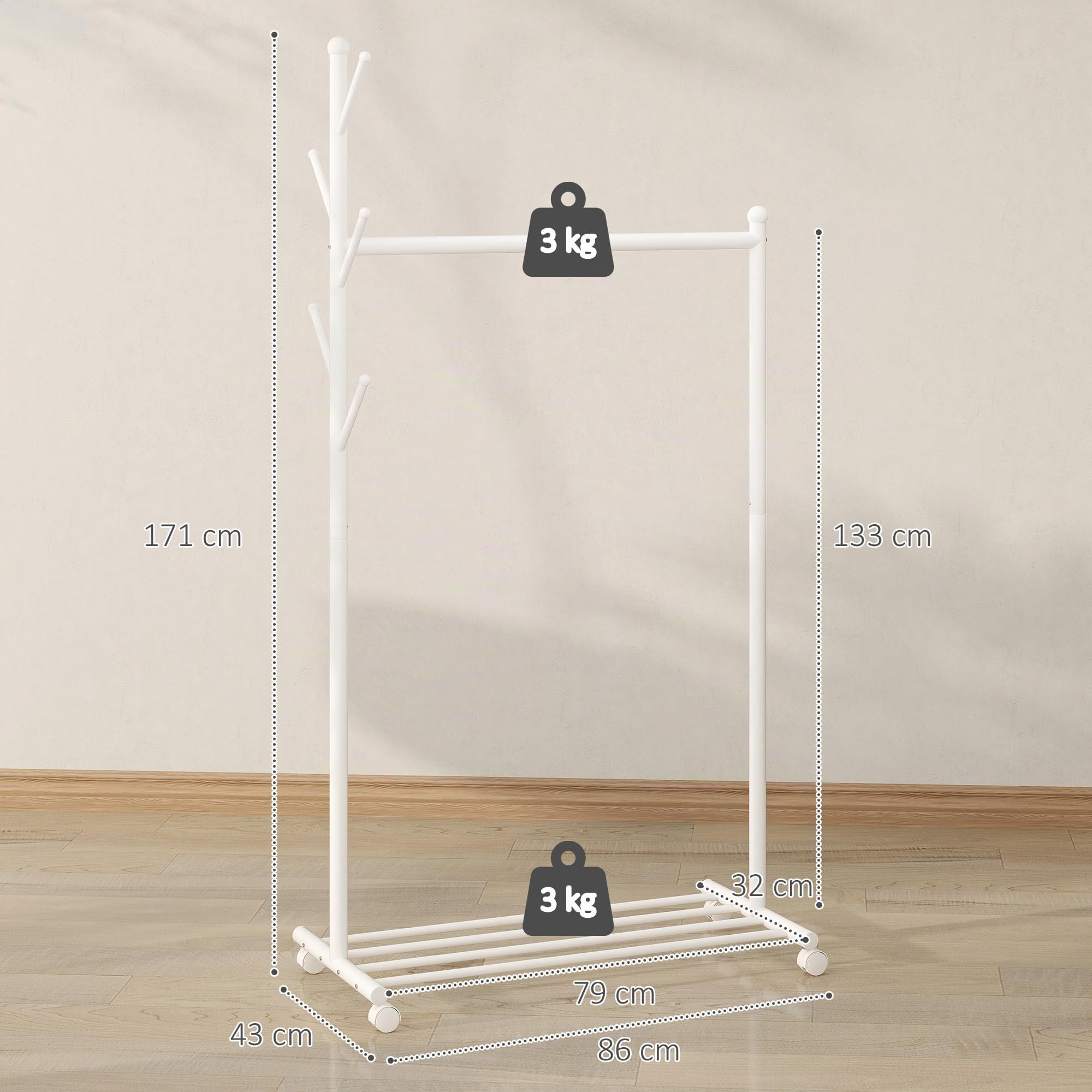 HOMCOM Appendiabiti da Terra con Ruote, 86x43x171 cm, Bianco