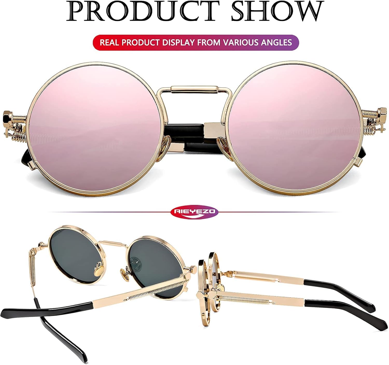 AIEYEZO Round Steampunk Sunglasses Trendy Retro Circle Glasses Gothic Metal Frame 100% UV Blocking Lens - Image 5