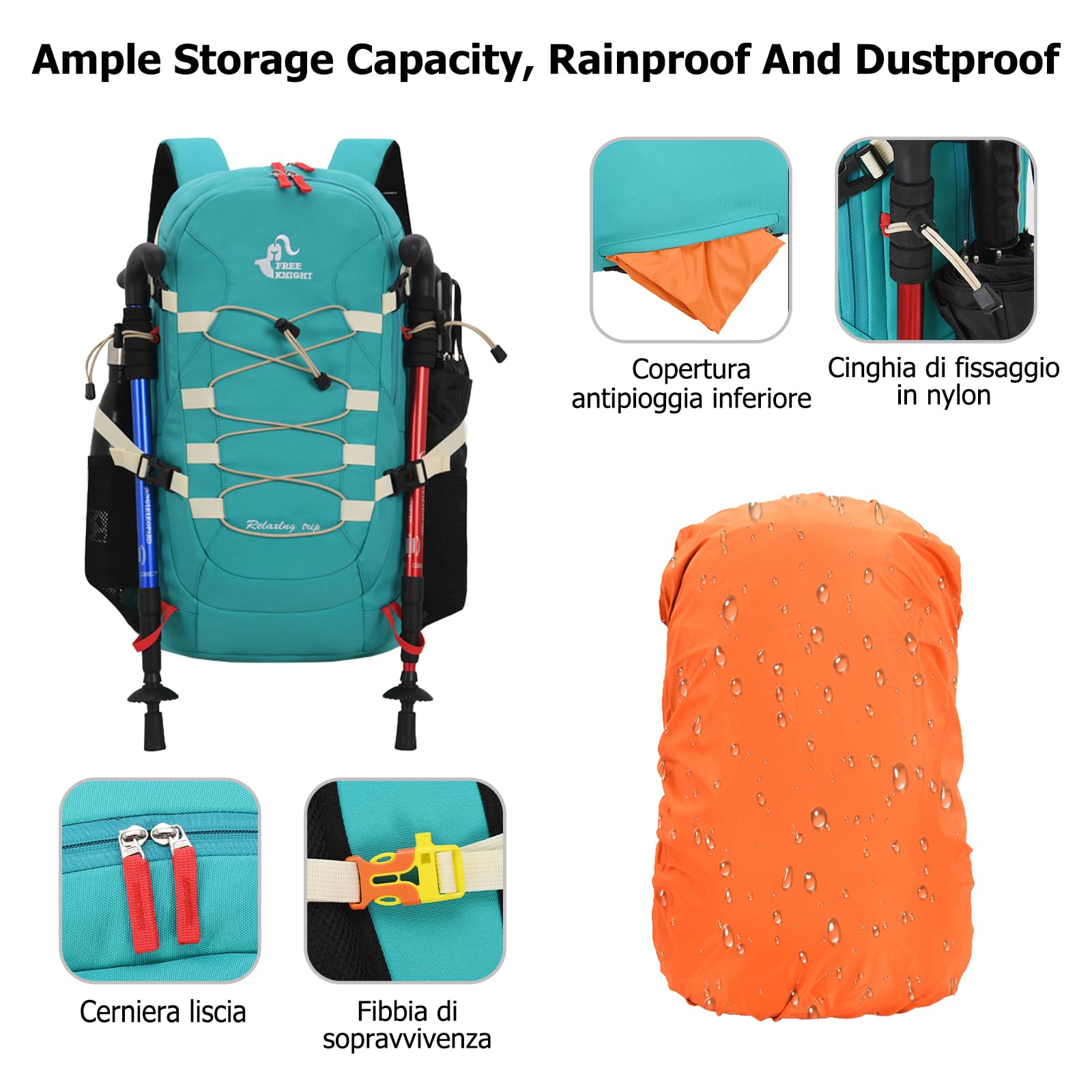Zaino da Escursionismo Outdoor 40L Zaino di Giorno da Campeggio Impermeabile Grande Zaini Backpack in Nylon per Donne Uomini Viaggio Trekking Arrampicata Rosa Rossa