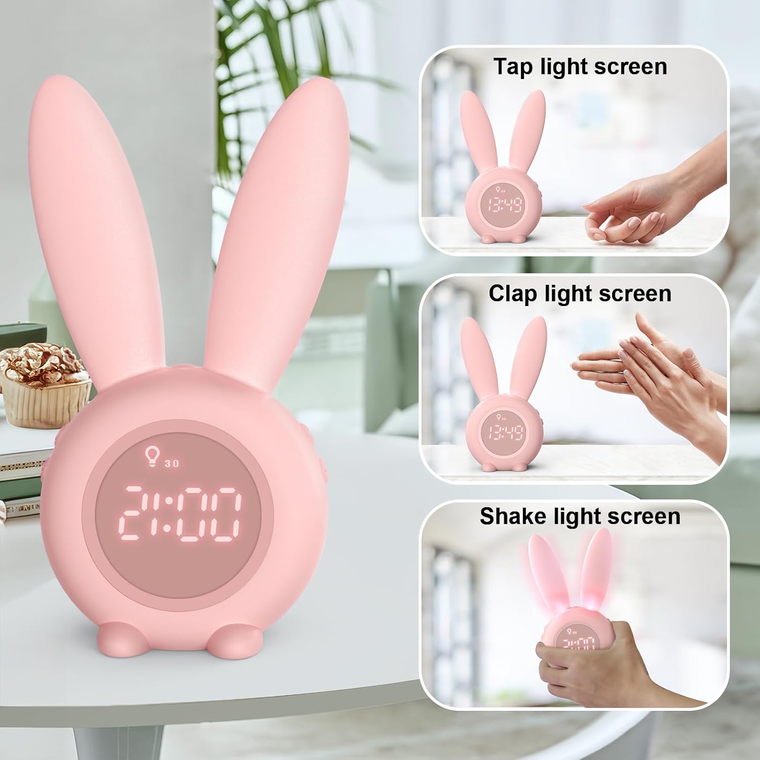Images demonstrating how to activate the screen by tapping, clapping, or shaking the alarm clock.